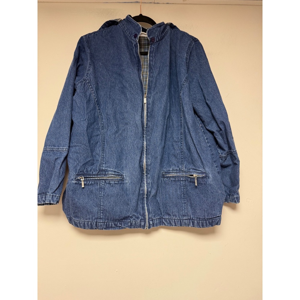 Tudor Court Denim Hooded Jacket Plaid Lined Blue Zip Up Utility Coat‎ Mens XL